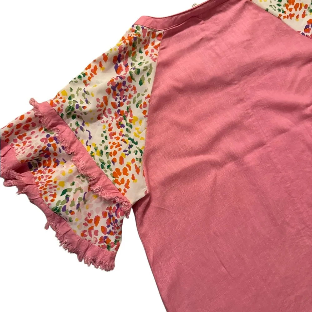 Umgee Blouse Womens 1XL Short Sleeve Pink Frayed Ruffled Cheetah Top Boho.   C42 - Image 7