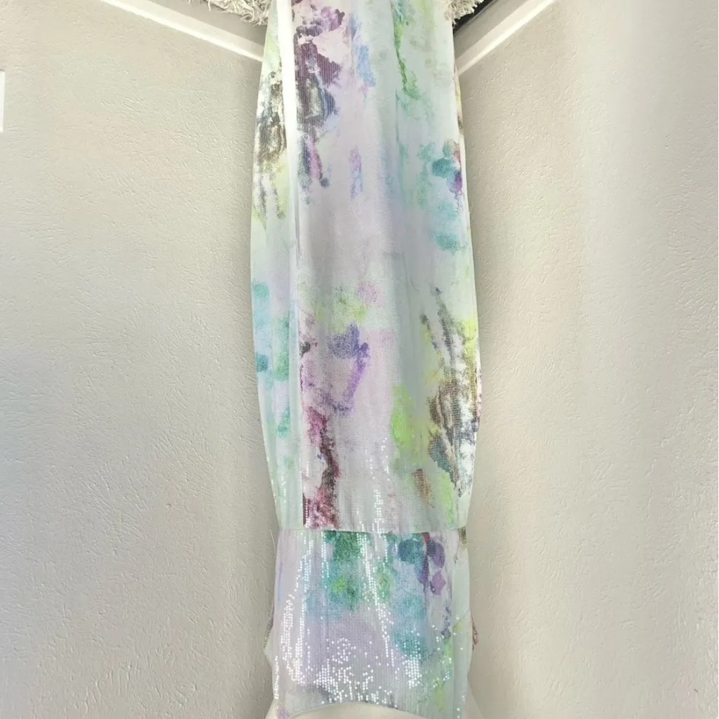 THEIA Sequin Tie Dye‎ Maxi Dress Spaghetti Straps Formal Evening Gown Size 14 White - Image 2
