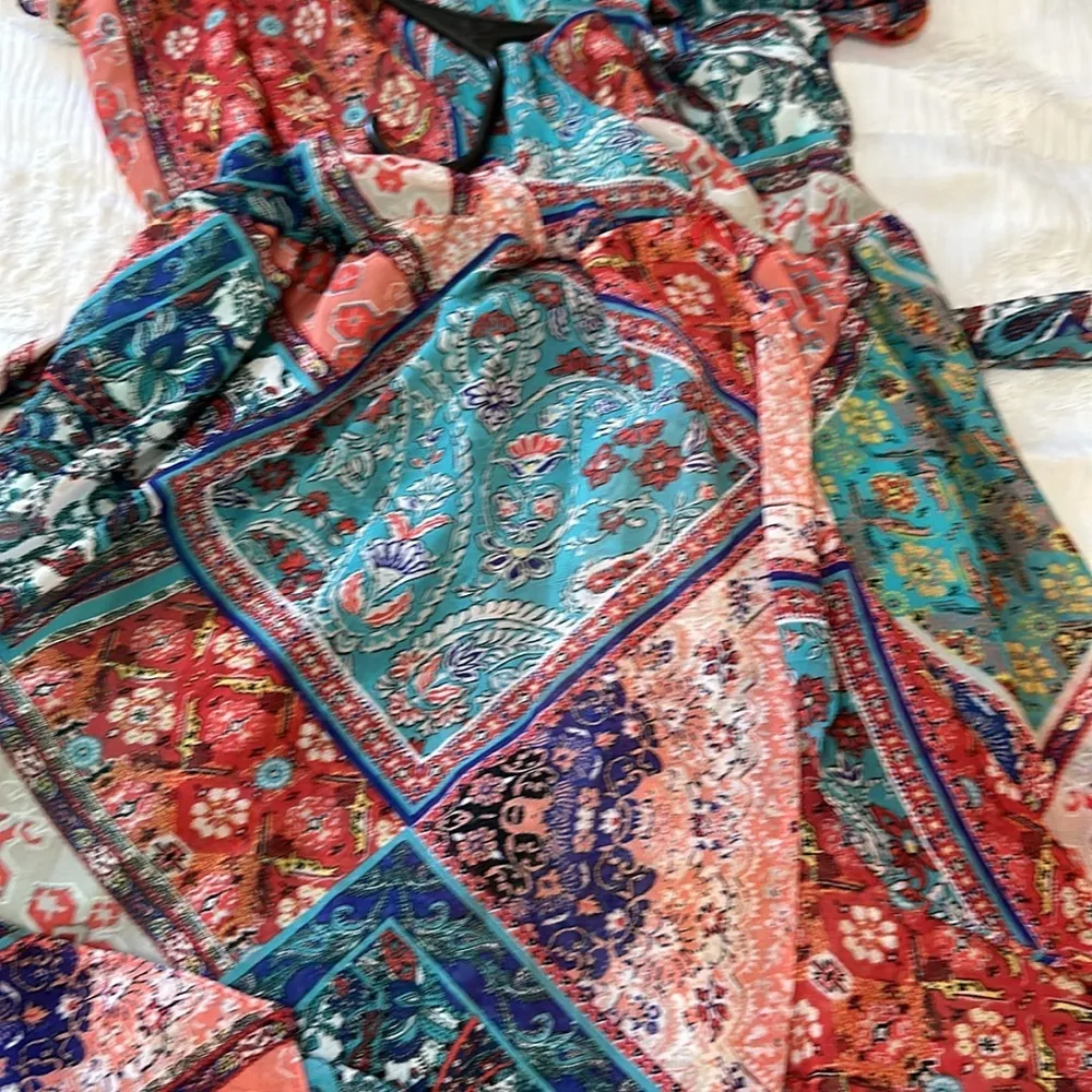 One World Woven Chiffon Ruffle Mixed Patchwork Knit Lined Midi Dress Women's XL - Image 6