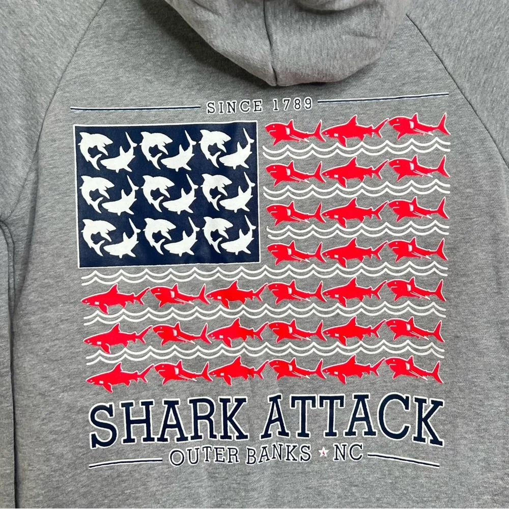Obx Outer Banks, NC Gray Zip Up Hooded Sweatshirt Shark Flag Design Size Small - Image 7