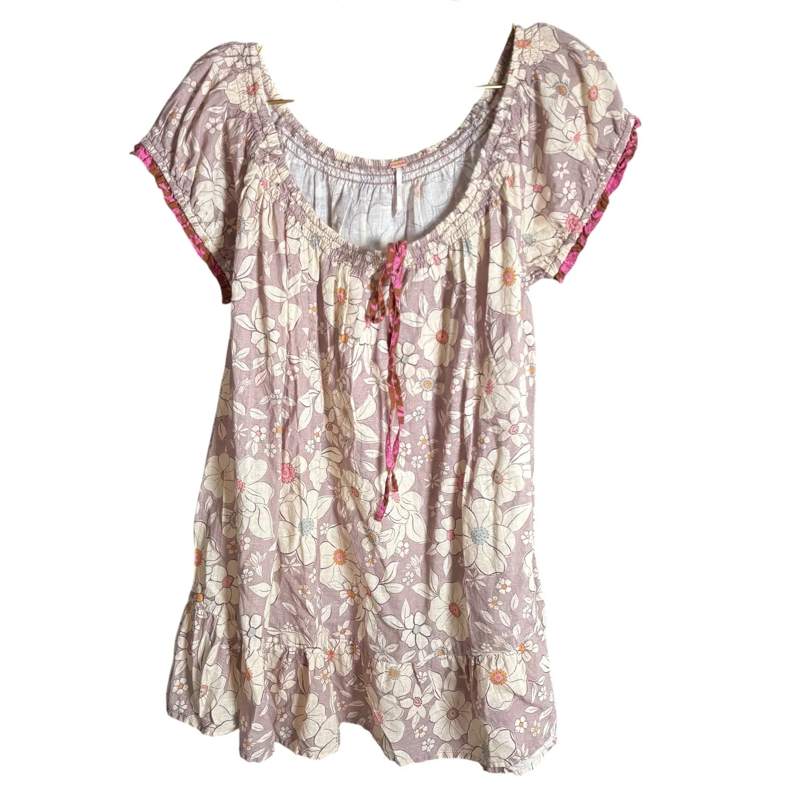 Free People‎ Frankie Cotton Tunic dress Shirt Floral Tie Front Boho M Stone - Image 3