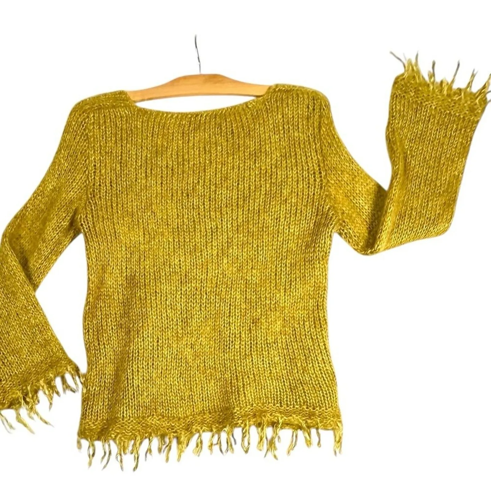 Boho Fringe Knit Sweater Mustard Yellow Bell Sleeve Braided Detail Medium - Image 9