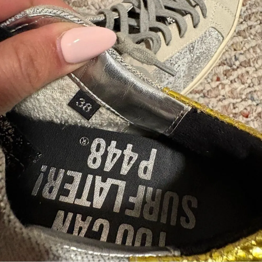 P448 John Low Top Leather Sneakers in Gold Silver- Size 38 (Size 7.5/8) - Image 6