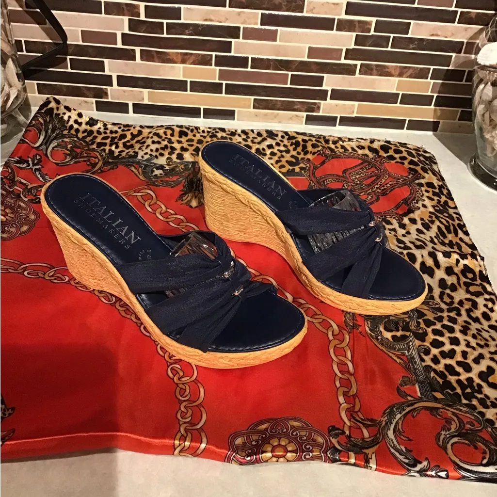 Italian Shoemakers Wedge Open Toe Embellished Sandals Navy Blue Made in Italy 6 - Image 6