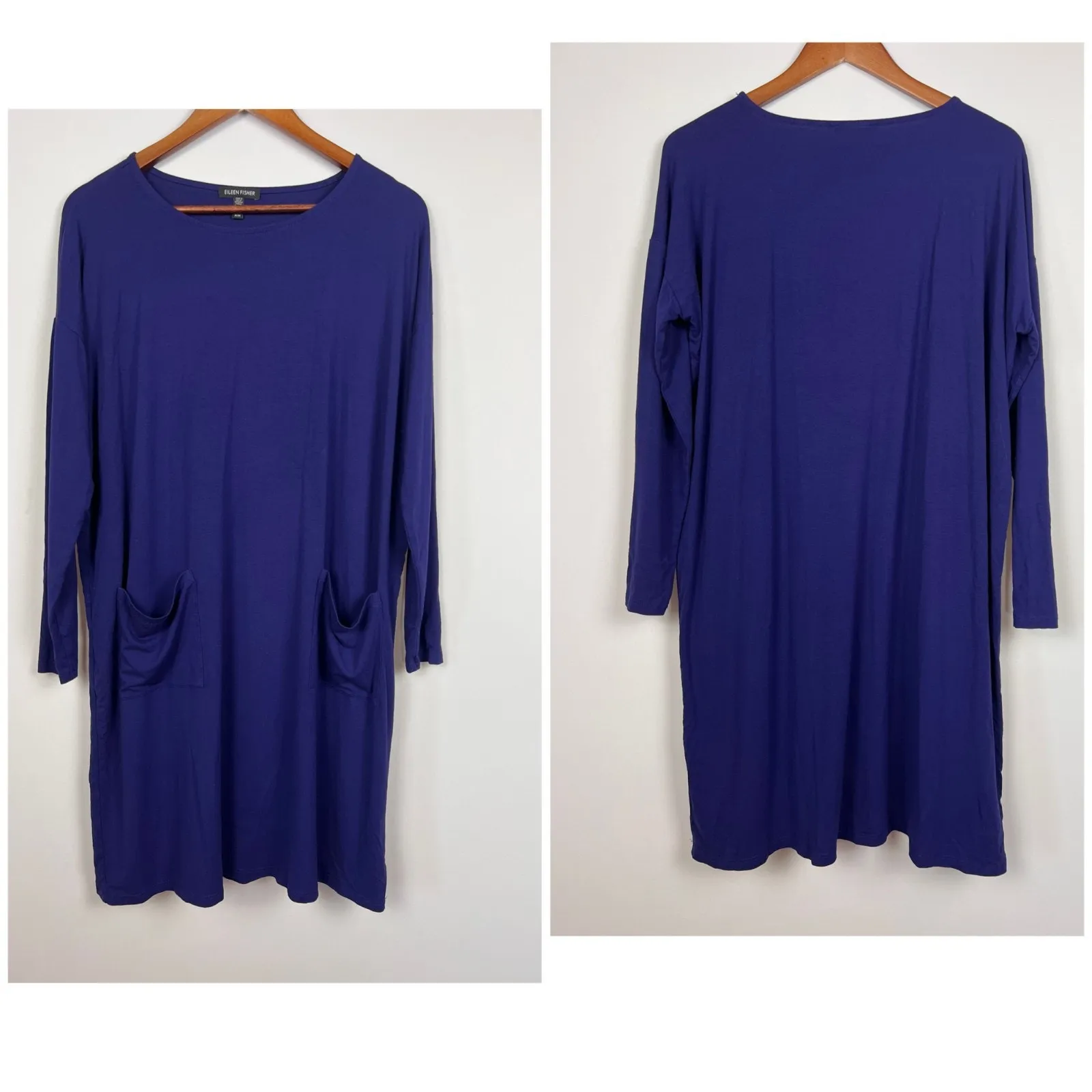 Eileen Fisher Purple Blue Viscose Stretch Pocket Tunic Dress M Long Sleeve - Image 2