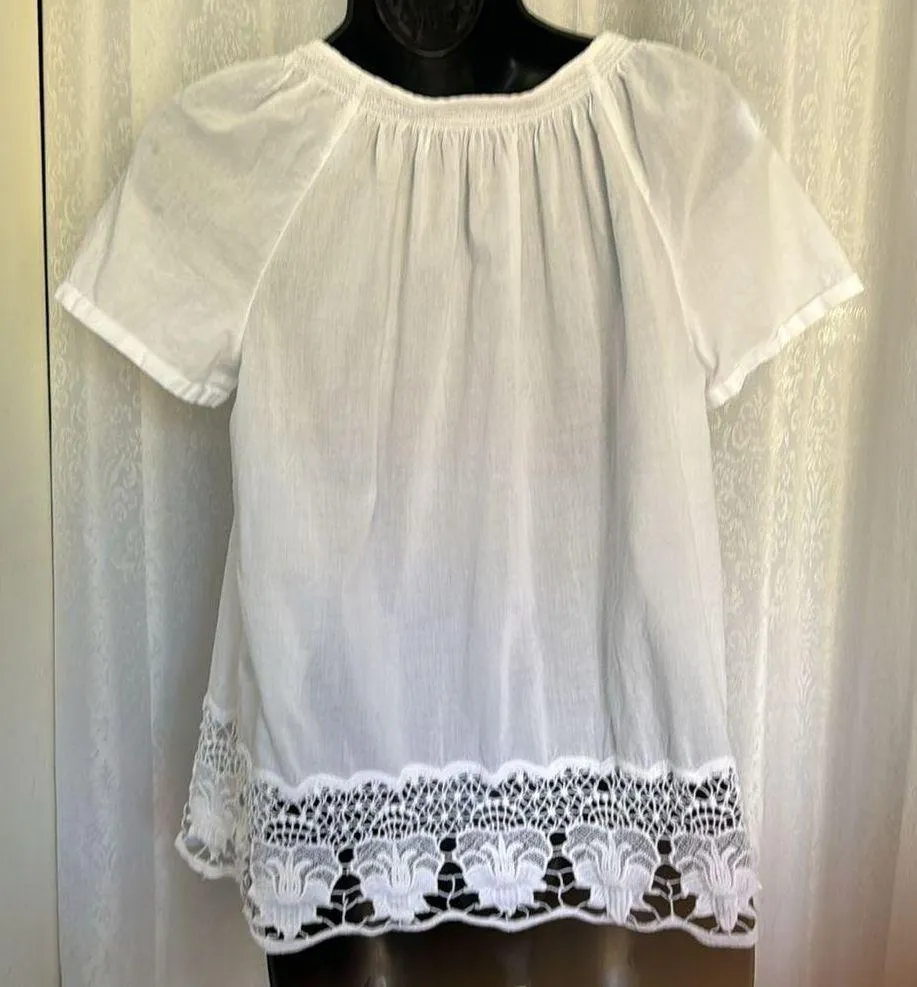 COTTON PEASANT BLOUSE WITH CROCHET LACE HEM Sz: S White - Image 2