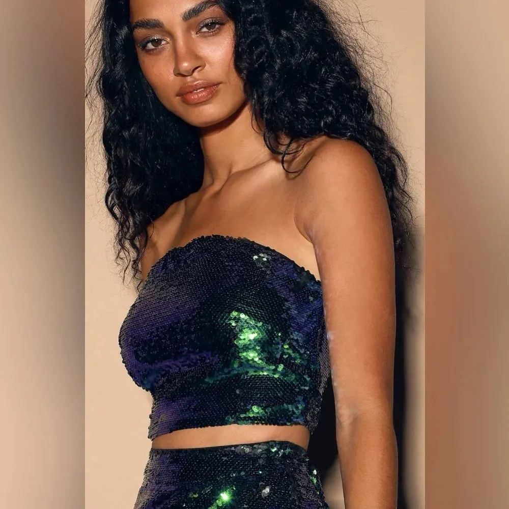 Lulus Dancefloor Favorite Green Multi Sequin Strapless Crop Top Size Small NWT - Image 8