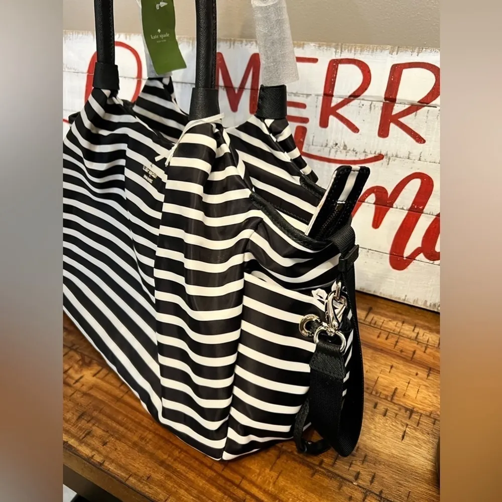 NWT Kate Spade Stevie Baby Bag Tote Nylon Classic Black White Stripe Diaper NEW - Image 4