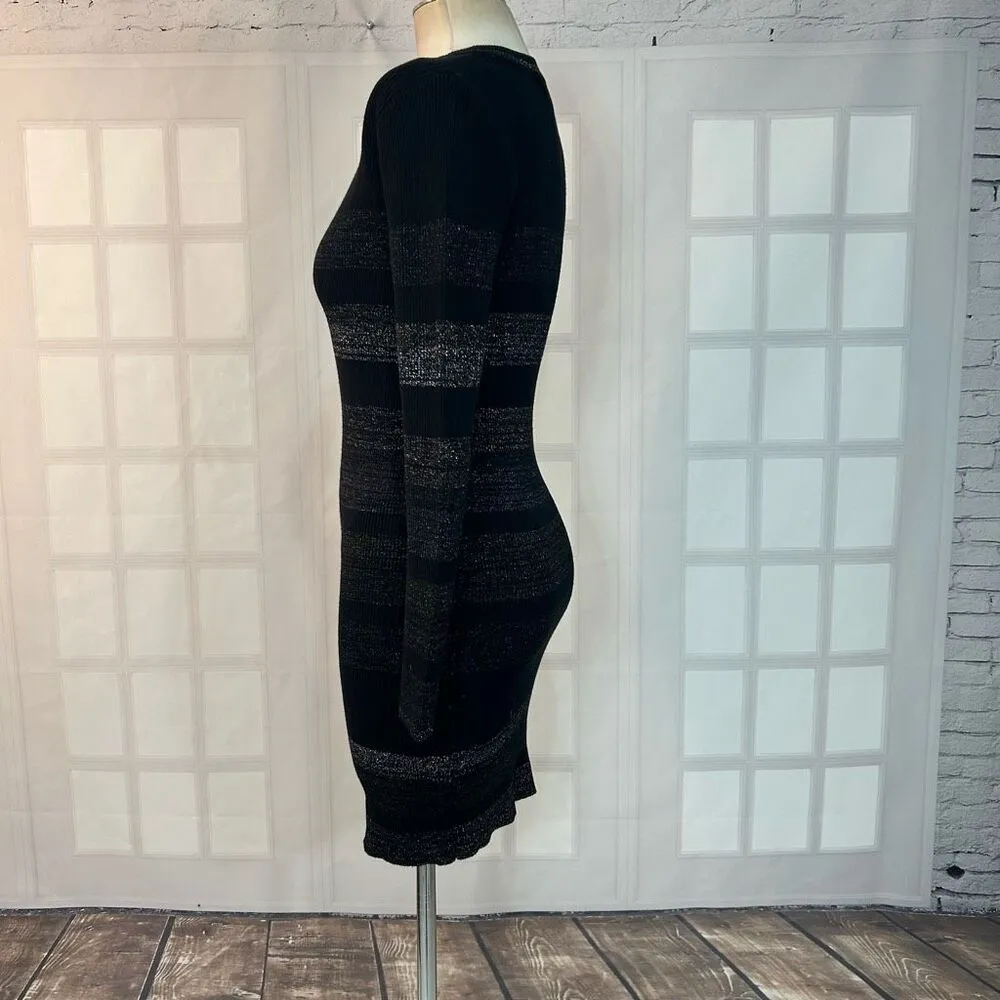 John + Jenn Black and Silver Grey Striped Ribbed Bodycon Long Sleeve Dress Size - Image 4