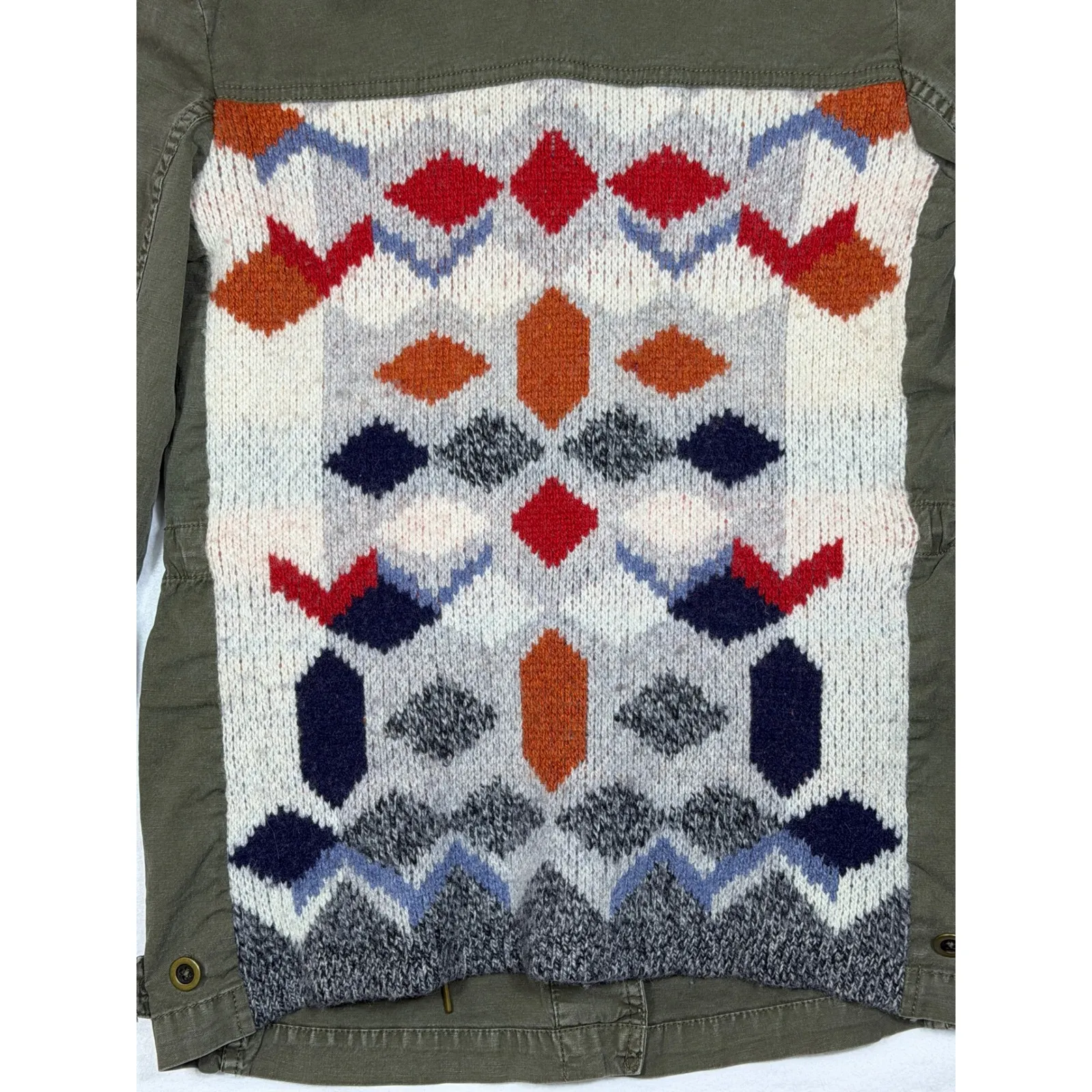 Anthropologie Utility Jacket Military Green Fair Isle wool Knit Back Women XS - Image 9