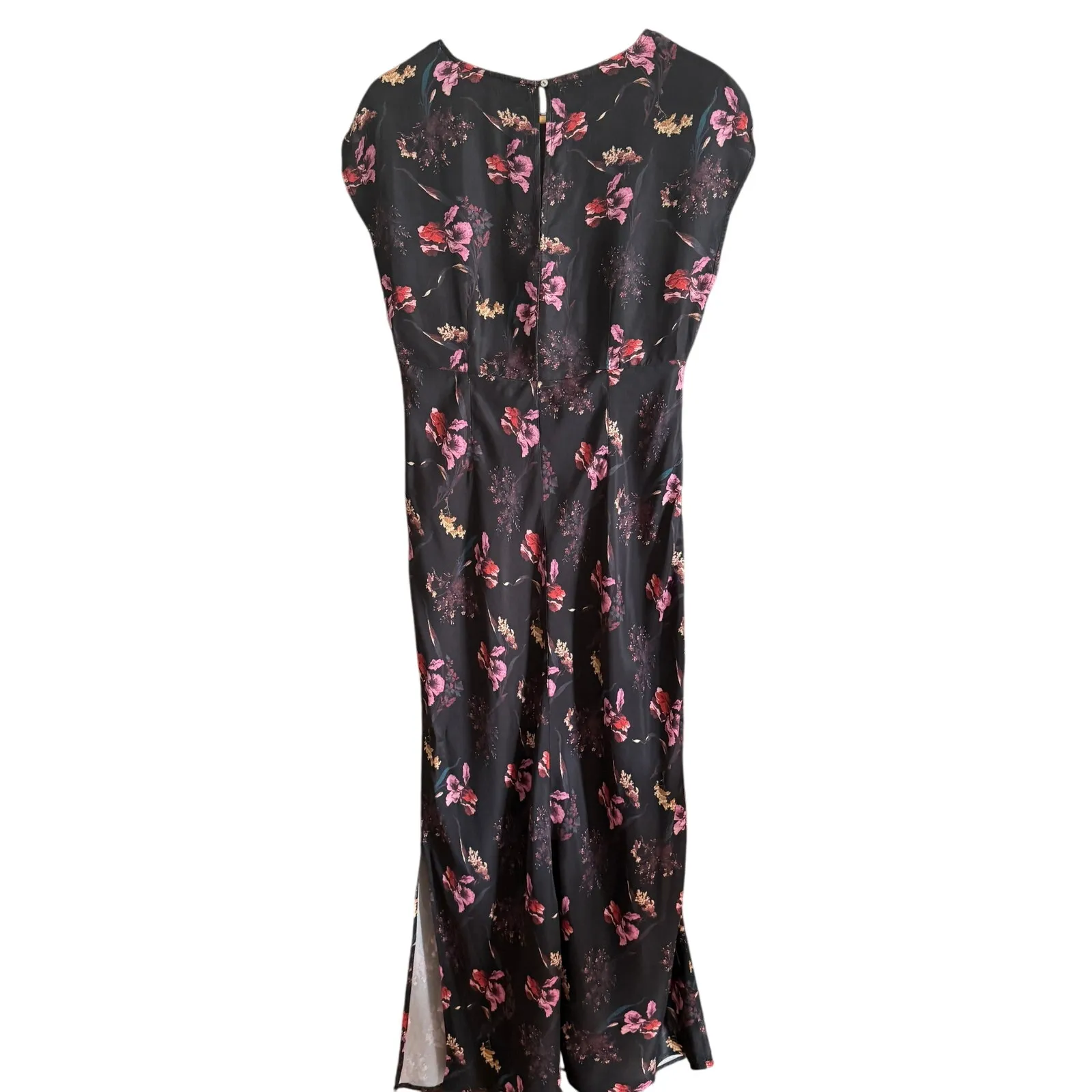 MADEWELL | Black Floral Wide V Neck Midi Dress Vegan Silk 1920s Style | Size 8 - Image 3