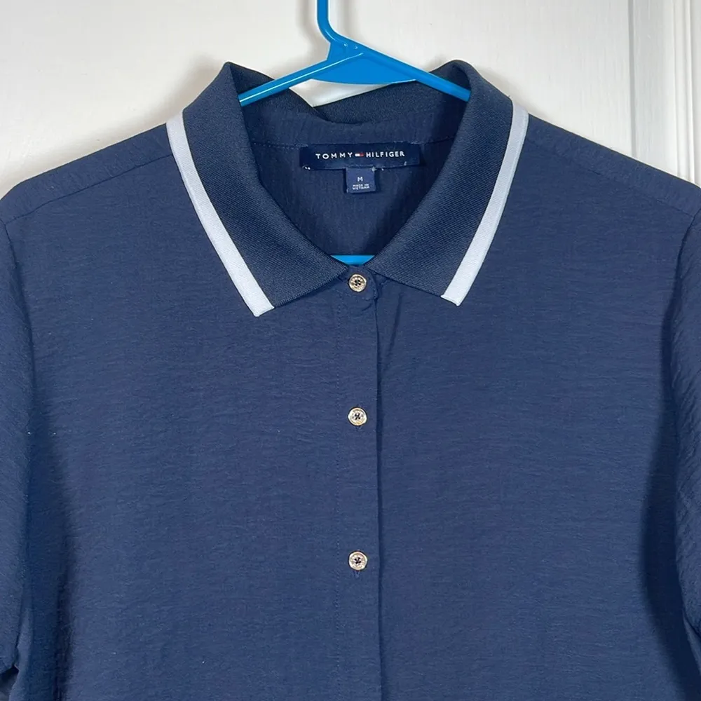 Tommy Hilfiger Navy Blue Collar Button Down Blouse Size Medium EUC #2892 - Image 3