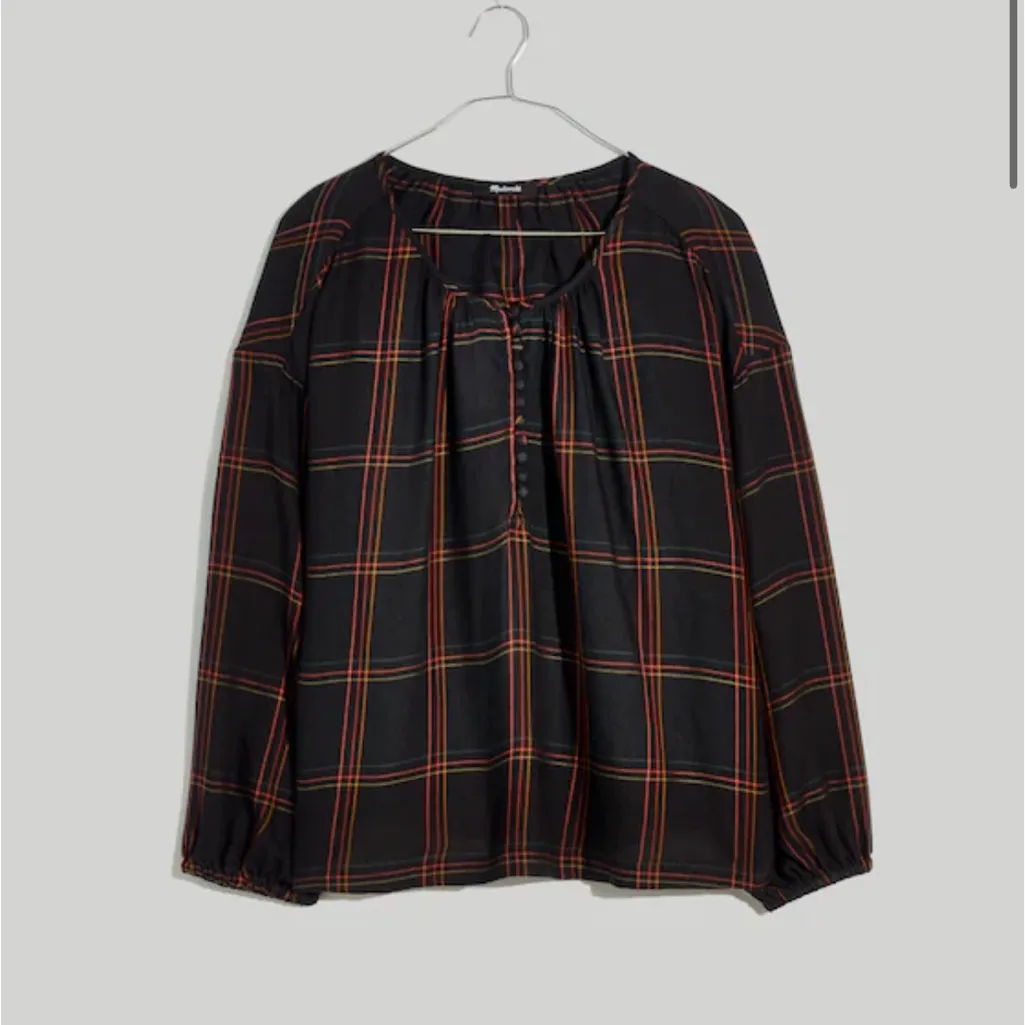 Madewell Shirred Peasant Top Blouse Plaid Windowpane Festive S Black Red Green - Image 3