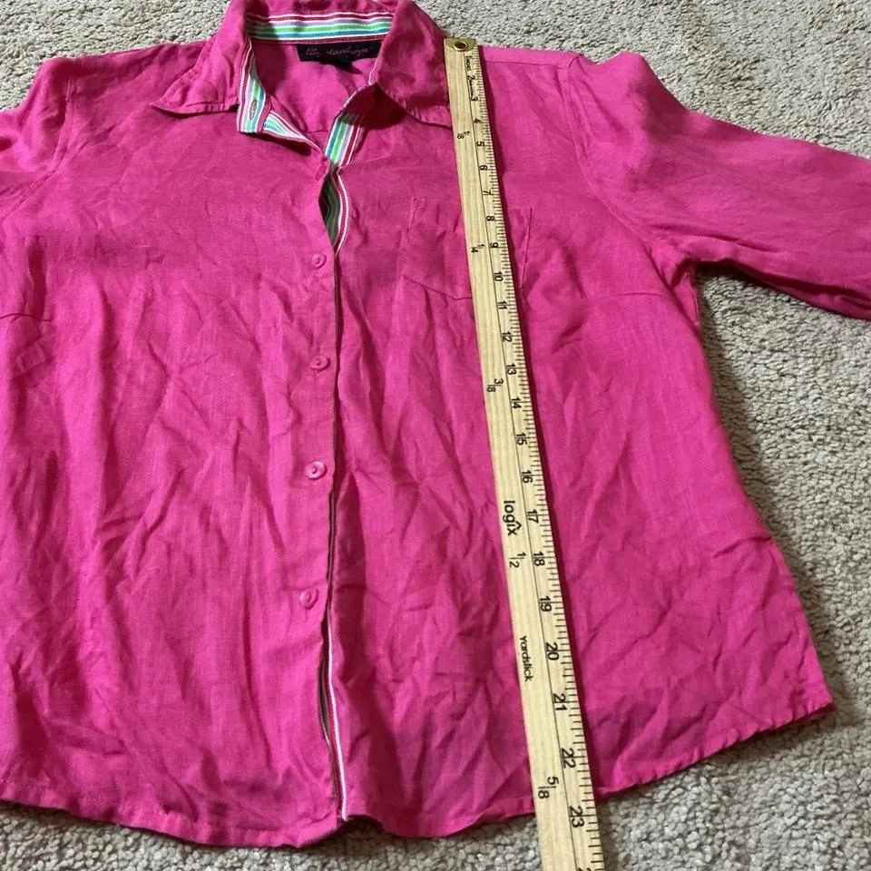 Lily Stanhope Pink Linen Button Up Shirt 3/4 Sleeve Collared Top Women's Costal Size L - Image 4