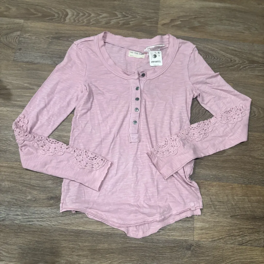 NWT Free People Our Song Boho Henley Cuff Sweater Pale Mauve Knit Top – Small - Image 2