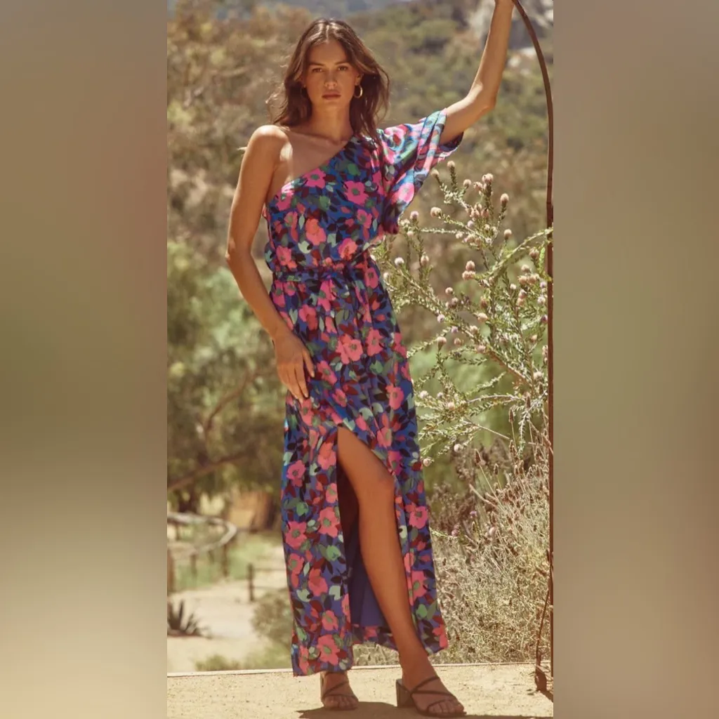 Sugarlips Vivi Berry Meara One Shoulder Satin Maxi Dress Floral Cobalt L NWT - Image 2