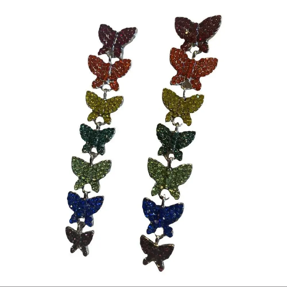 C&C Brand Multicolored Crystal Dangling Rainbow Butterfly Earrings - Image 2