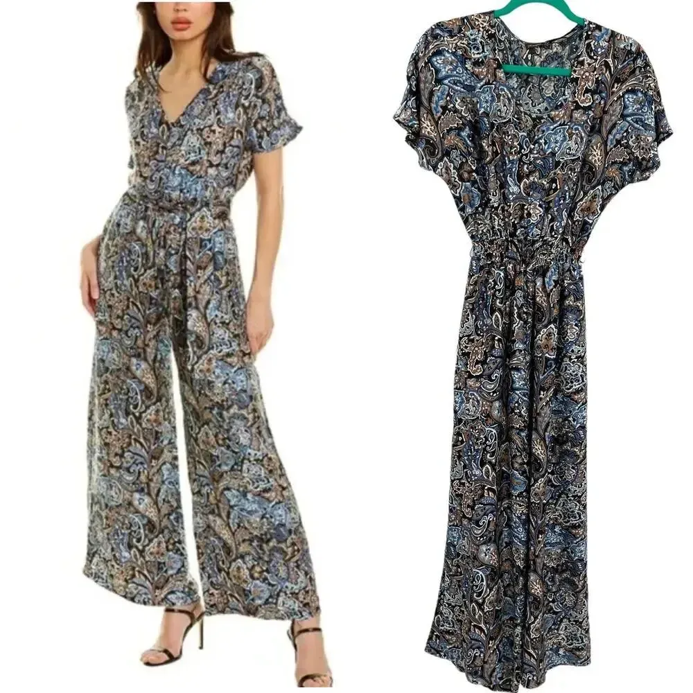 J.McLaughlin Marea Silk-Blend Jumpsuit Blue Brown Paisley Print‎ Size XS - Image 2
