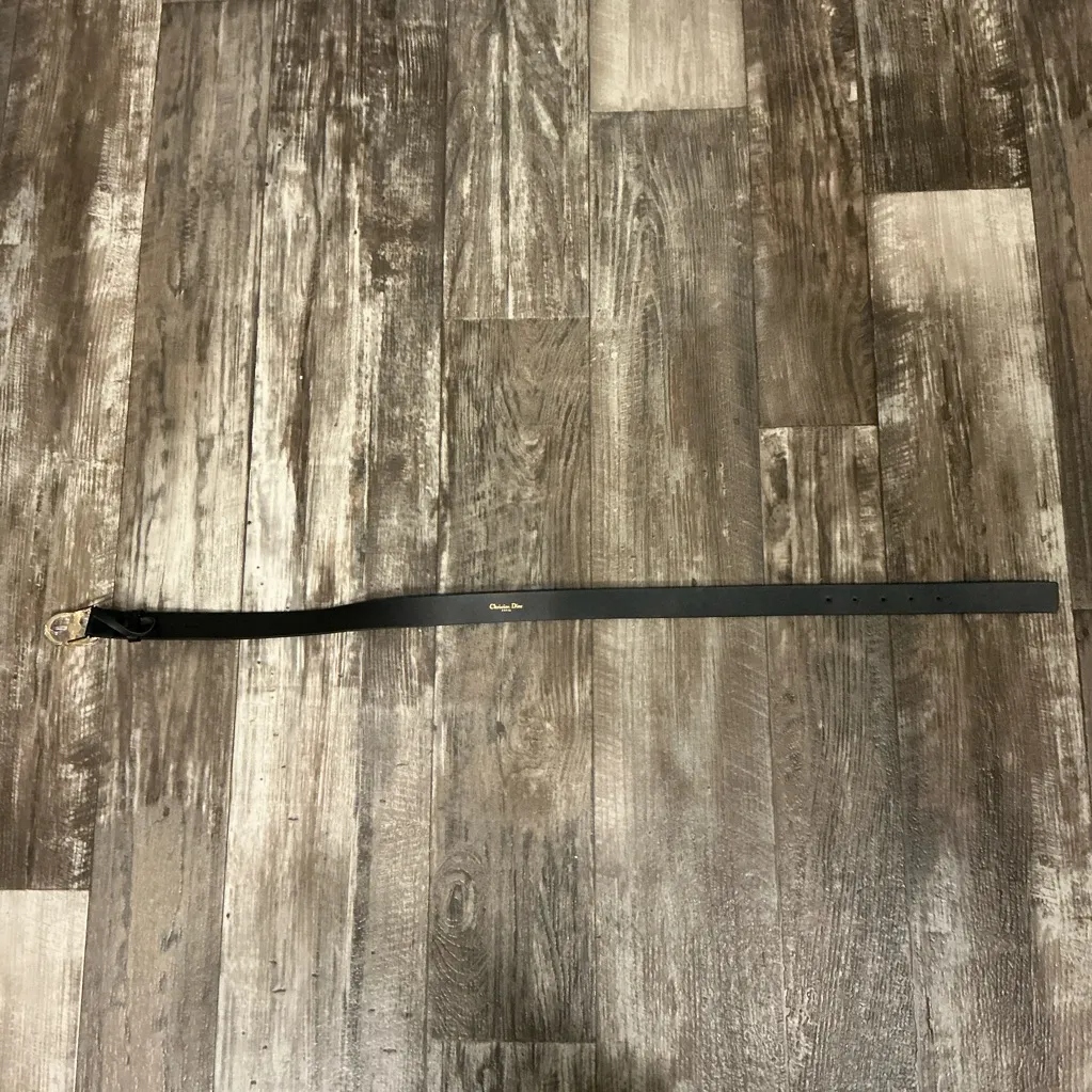 Dior Black Leather Belt with Gold Buckle and Pearl 38 inches - Image 9