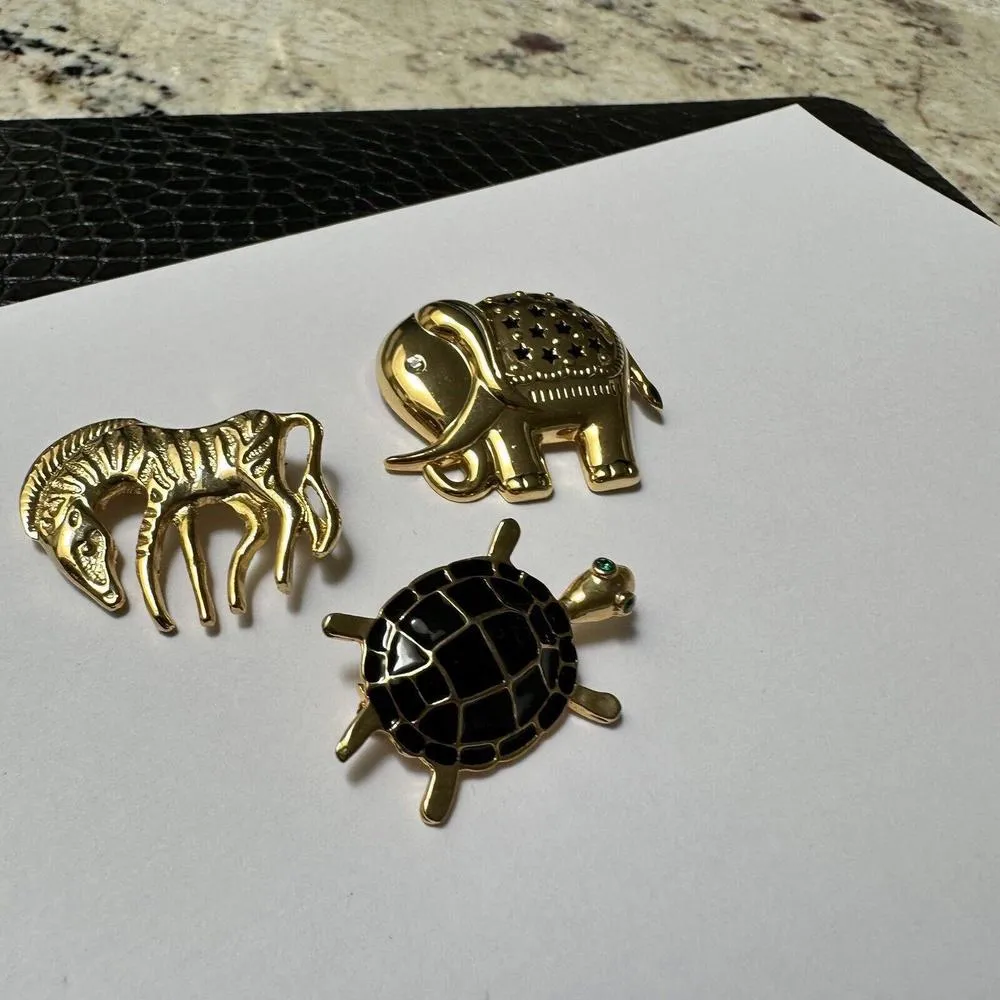 Lot Of 3 Gold Tone Animal Brooch Pins Turtle (tortoise) Zebra & Elephant - Image 2