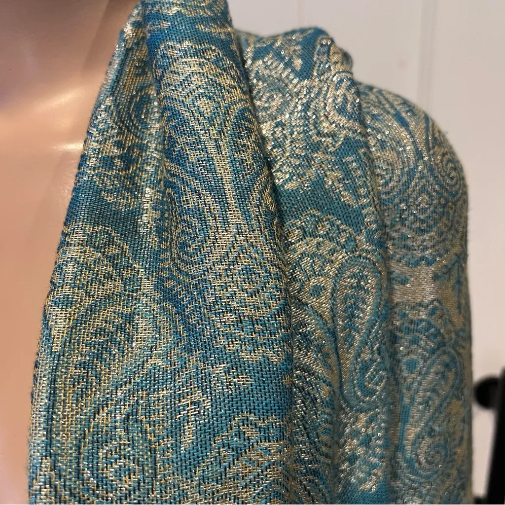 Pashmina Silk blend fringe Elegant Blue and Gold Paisley Scarf wrap shawl 70’ - Image 5