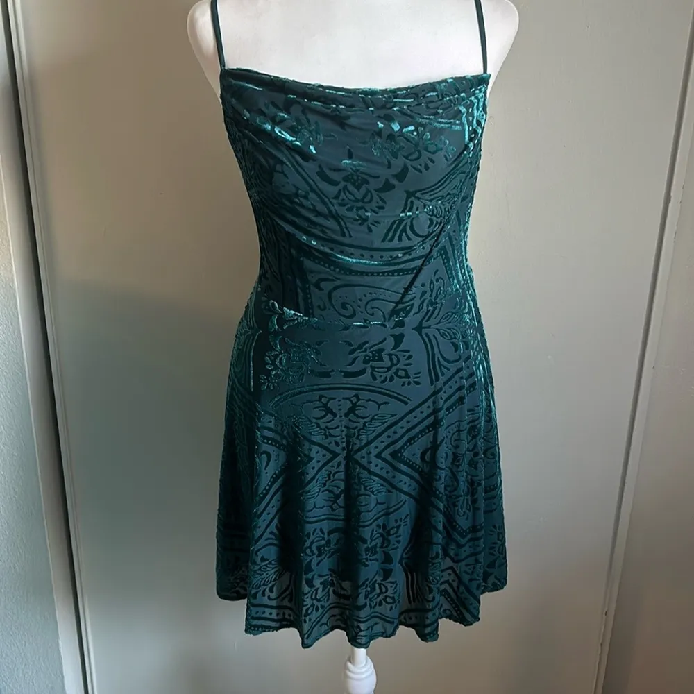 Urban Outfitters Strappy Back Cowl Neck A-Line Teal Velvet Burnout Mini Dress - Image 11