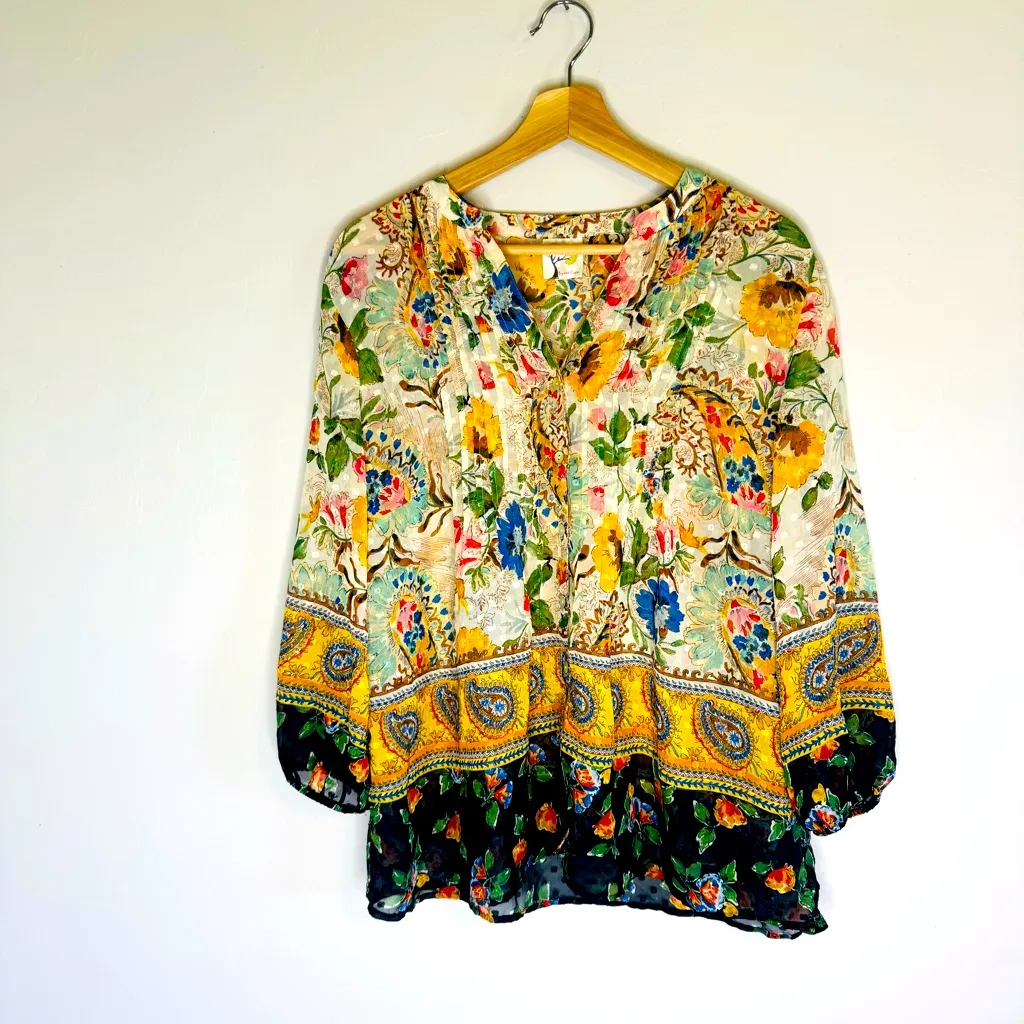 Figueroa & Flower Border Print Boho 3/4 Sleeve Blouse Womens boho floral size L - Image 2