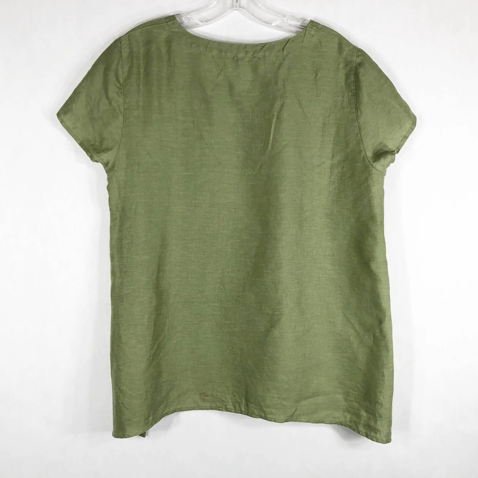 Peck Peck Medium Top Green Linen Square Neck Cap Short Sleeve Solid Tee 327 - Image 2