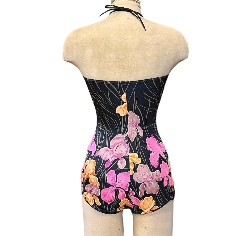 Vintage Robby Len Swimsuit Floral One Piece Halter Bandeau 11/12 S Small New Pink - Image 3