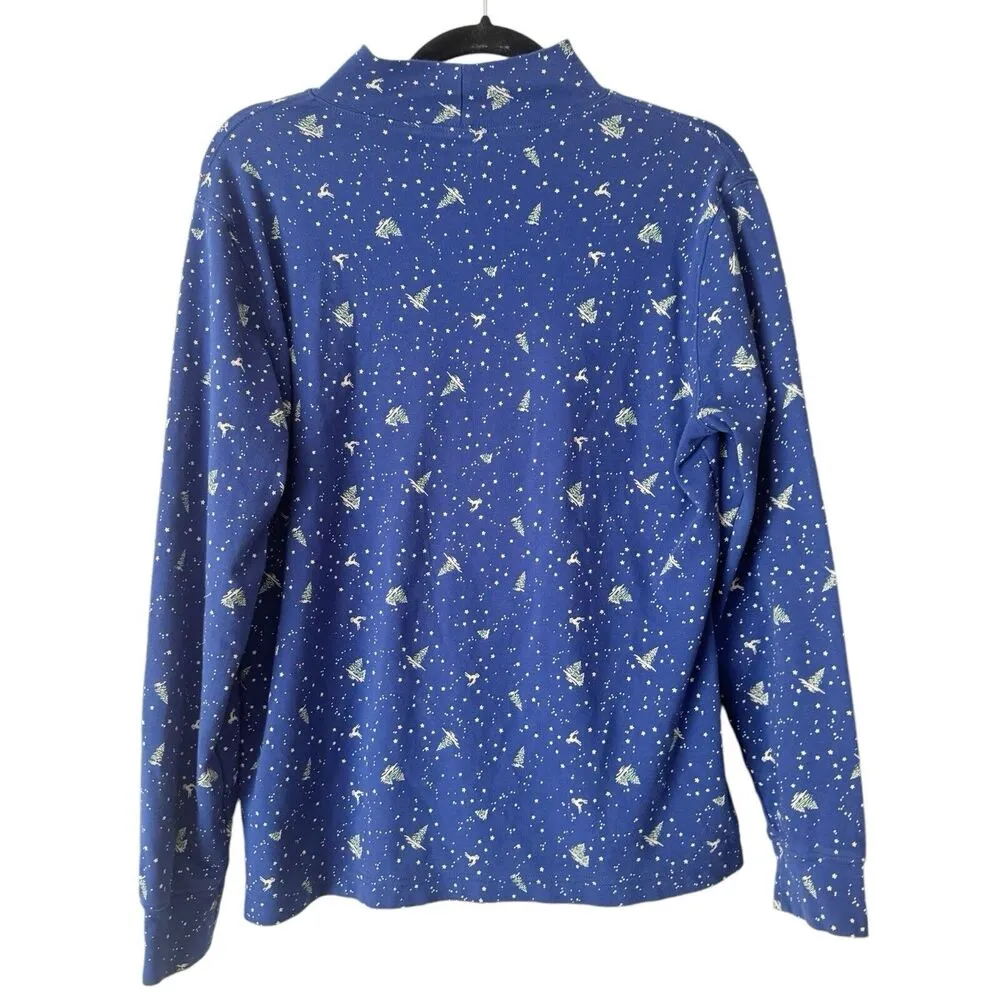 Lands End Blue Winter Holiday Scene Relaxed Fit Mock Neck Shirt Women’s Medium - Image 2