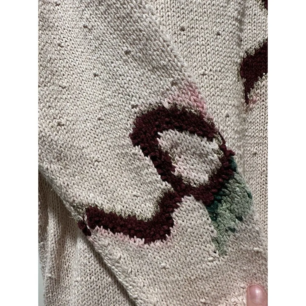 Vntg Talbots Christmas Holly Poinsettia Sweater Womens XL Bow Ivory Knit By Hand - Image 4