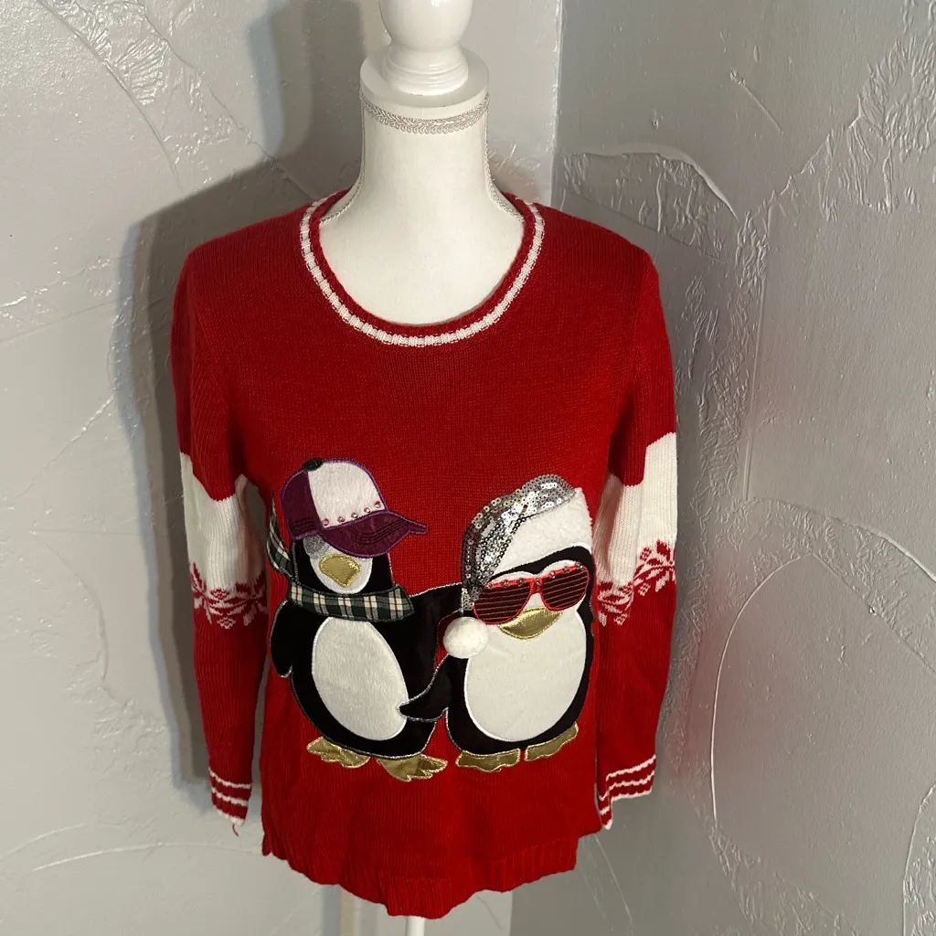 Holiday Time Red Penguin Crew Neck Sweater - Image 7
