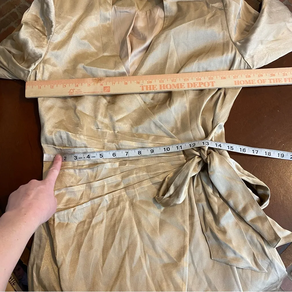 MESHKI Saira Wrap Tie Up Mini Dress in wheat gold satin size medium event winter - Image 8