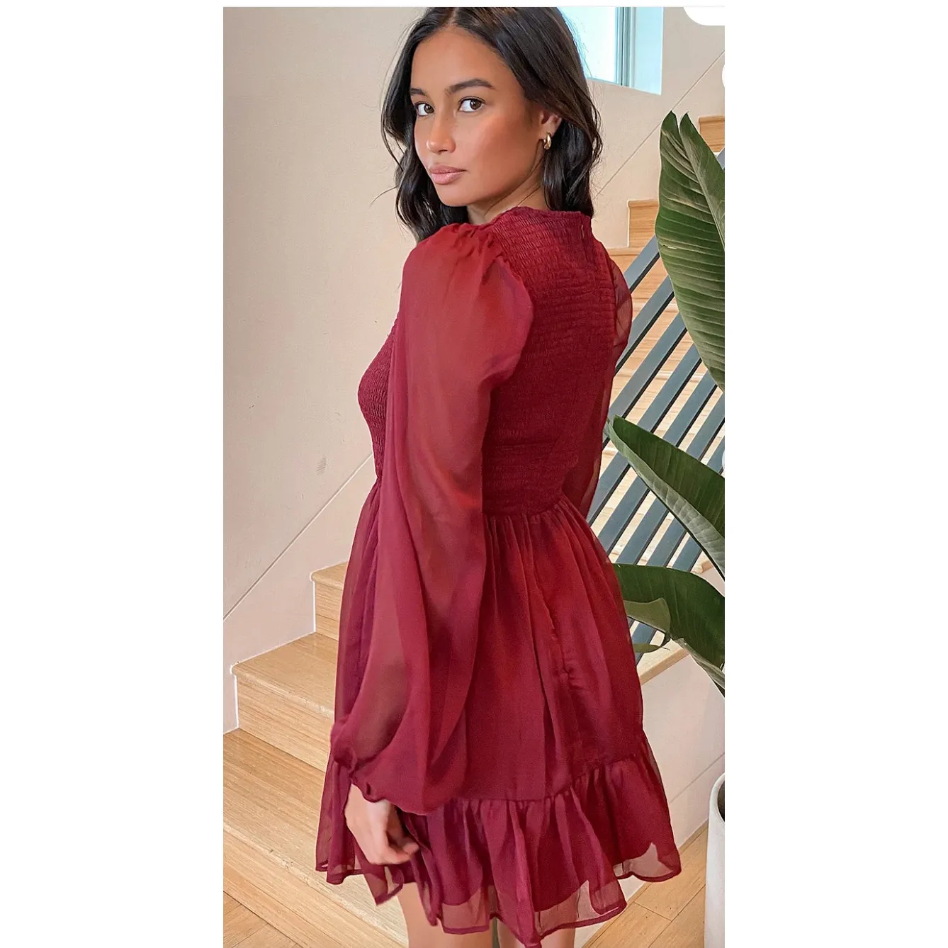 Lulus Dress Womens Small‎ Simply the Sweetest Berry Red Long Sleeve Smocked Mini - Image 3