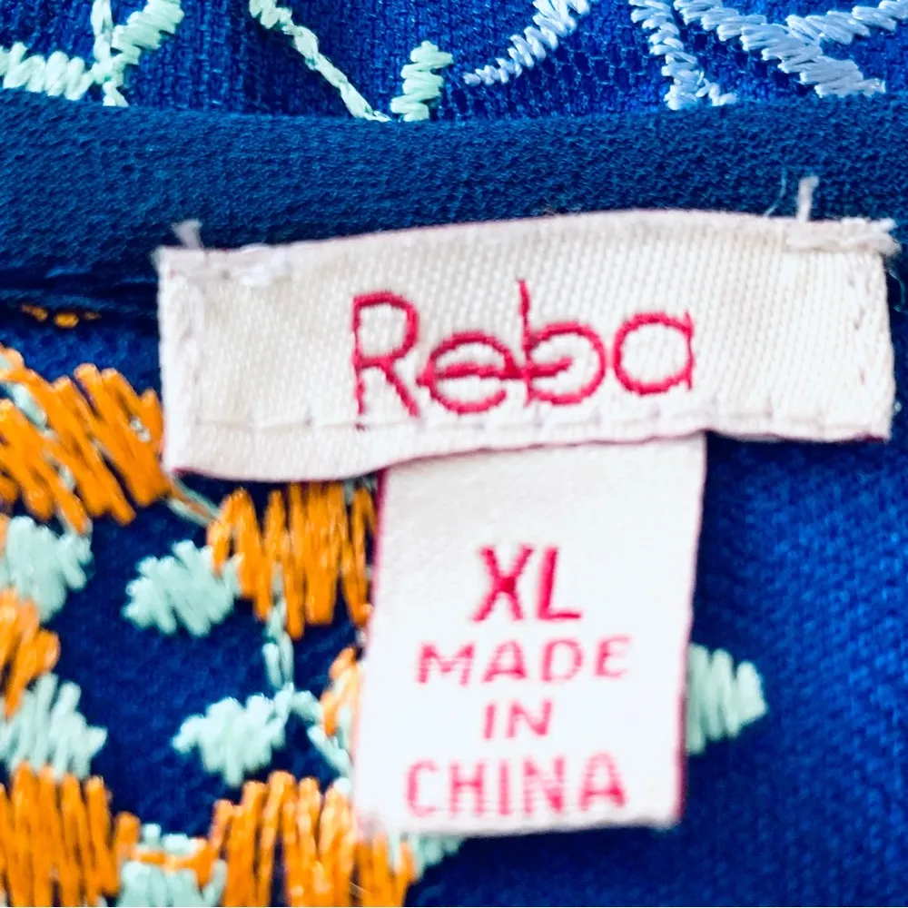 Reba Navy Blue Green & Orange Embroidered Floral Sleeveless Dress. Size XL - Image 8