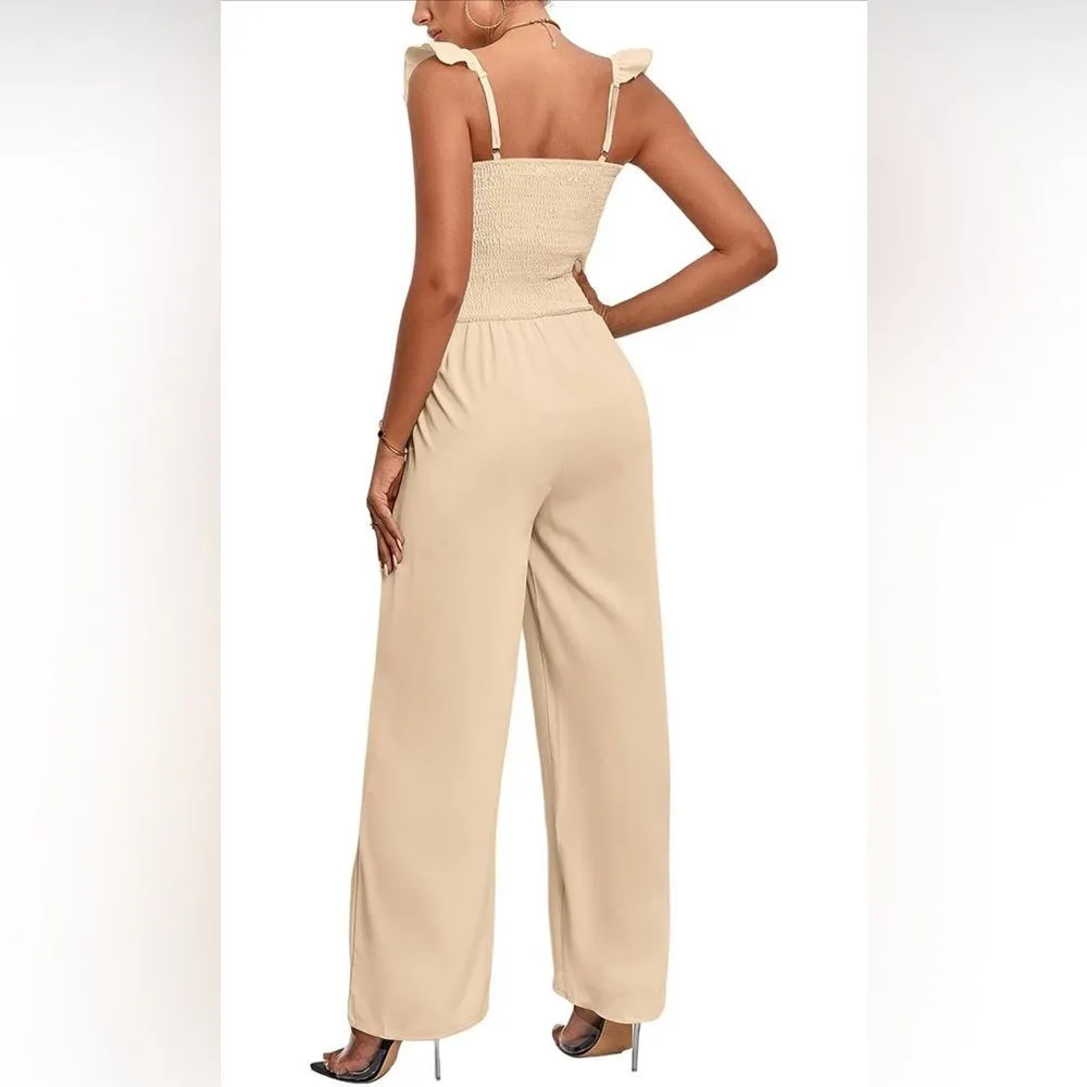 Sleeveless Square Neck Ruffle Sleeve Jumpsuit Wide Leg Pockets (348) Tan Size M - Image 2