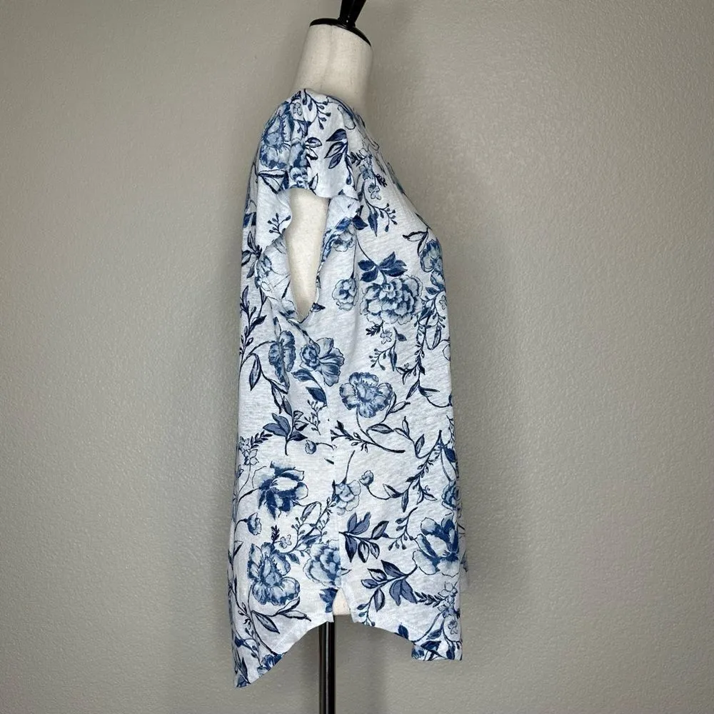 Cynthia Rowley 100% Linen Blue White Floral Cap Sleeves Top - Image 5