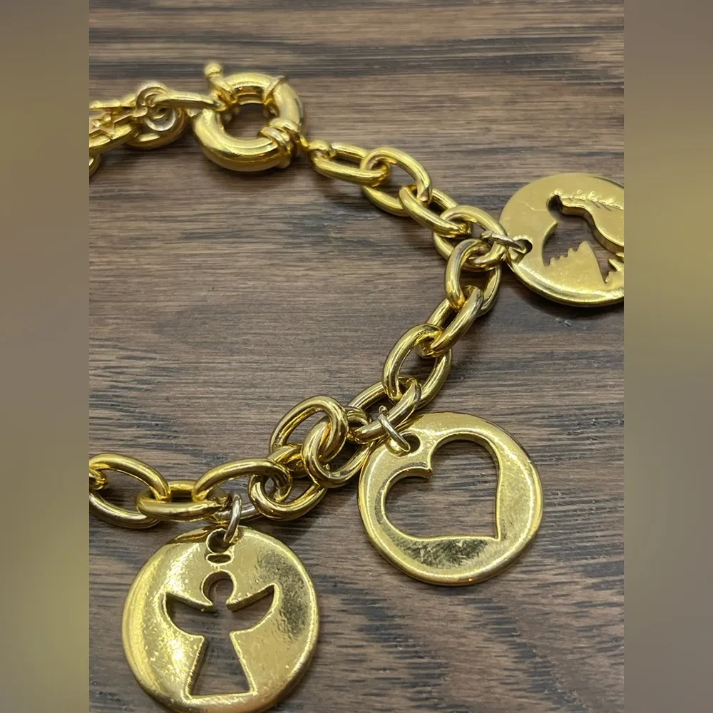 Charm Bracelet: Large Heart, Angel, Star Dove Charms Gold Tone - Image 5