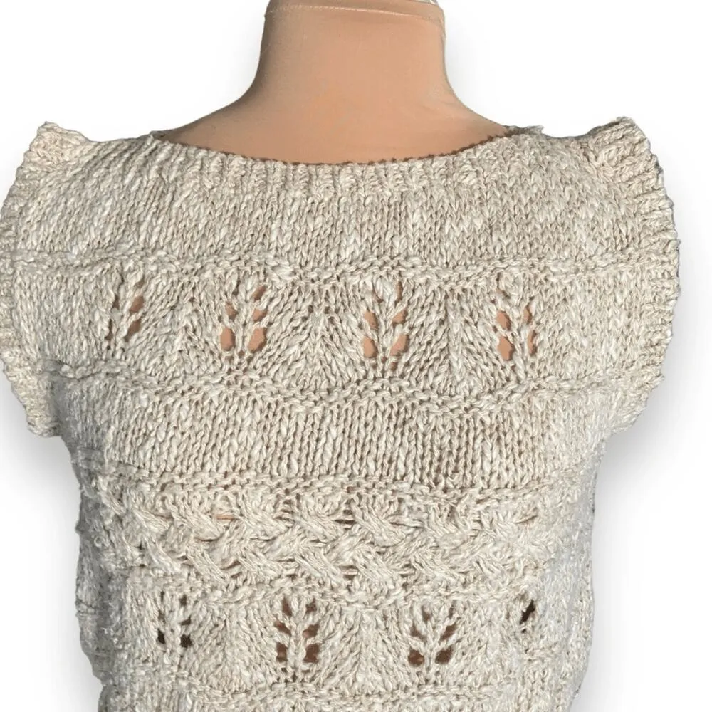 Vintage Knit Sweater Vest Top Pullover Off White Ruffle Sleeve Open Weave Linen - Image 3
