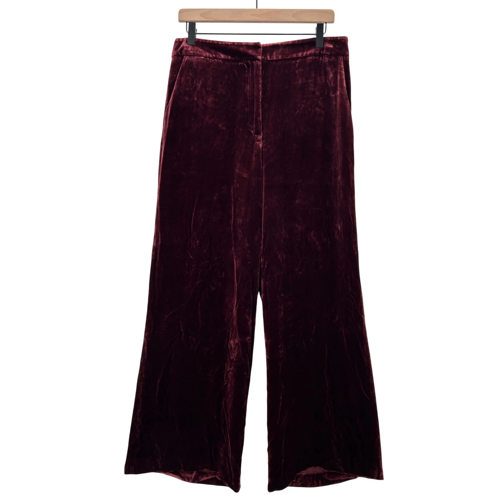 Hobbs London Silk Blend Velvet Wide Leg Pants Burgundy Women's Size 8 Pockets - Image 2
