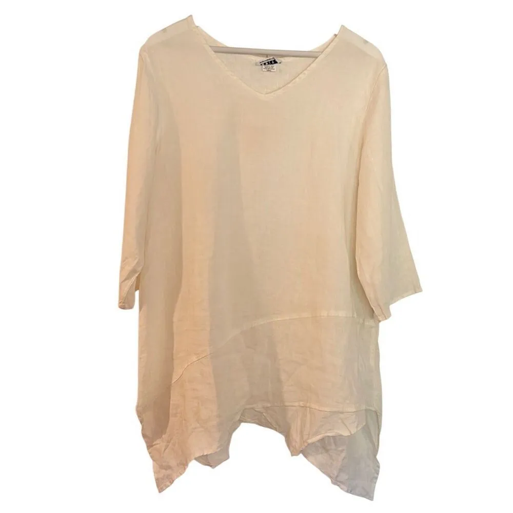 Habitat Clothing 100% linen white assymetrical hem vneck tunic blouse L - Image 2