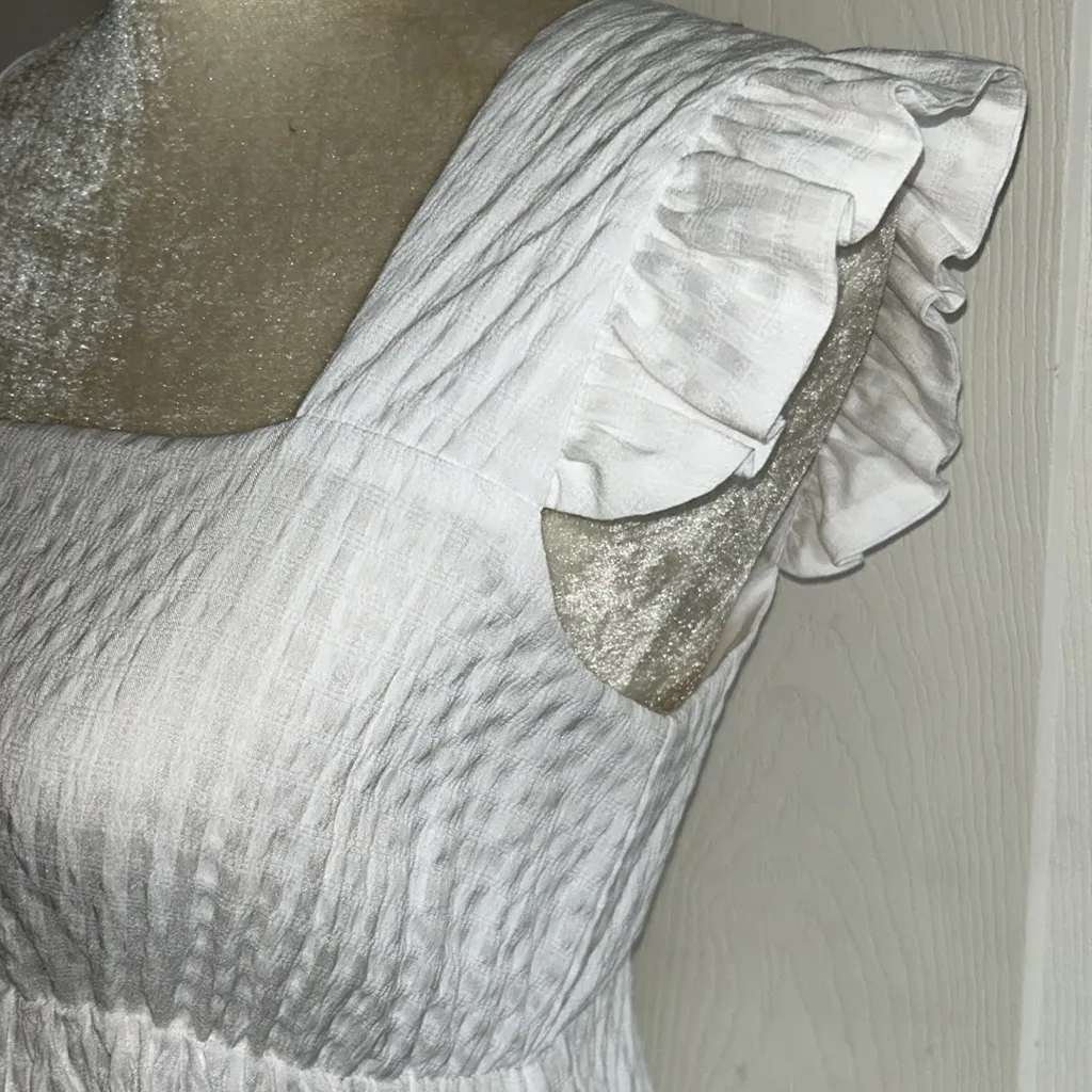 Gianni Bini GB White Square Neck‎ Flutter Sleeve Seersucker Darling Dress Sz S - Image 7