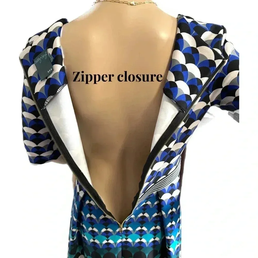 GABBY SKYE Geometric Half Sleeve Fit Flare Dress Blue Black Gold Zip Womens 4 - Image 6