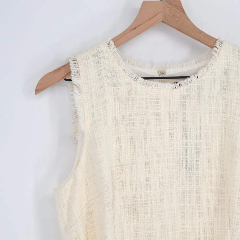 NEW J. CREW Textured Tweed Belted Sheath Dress Fringe Sleeveless Ivory Size 12 - Image 3