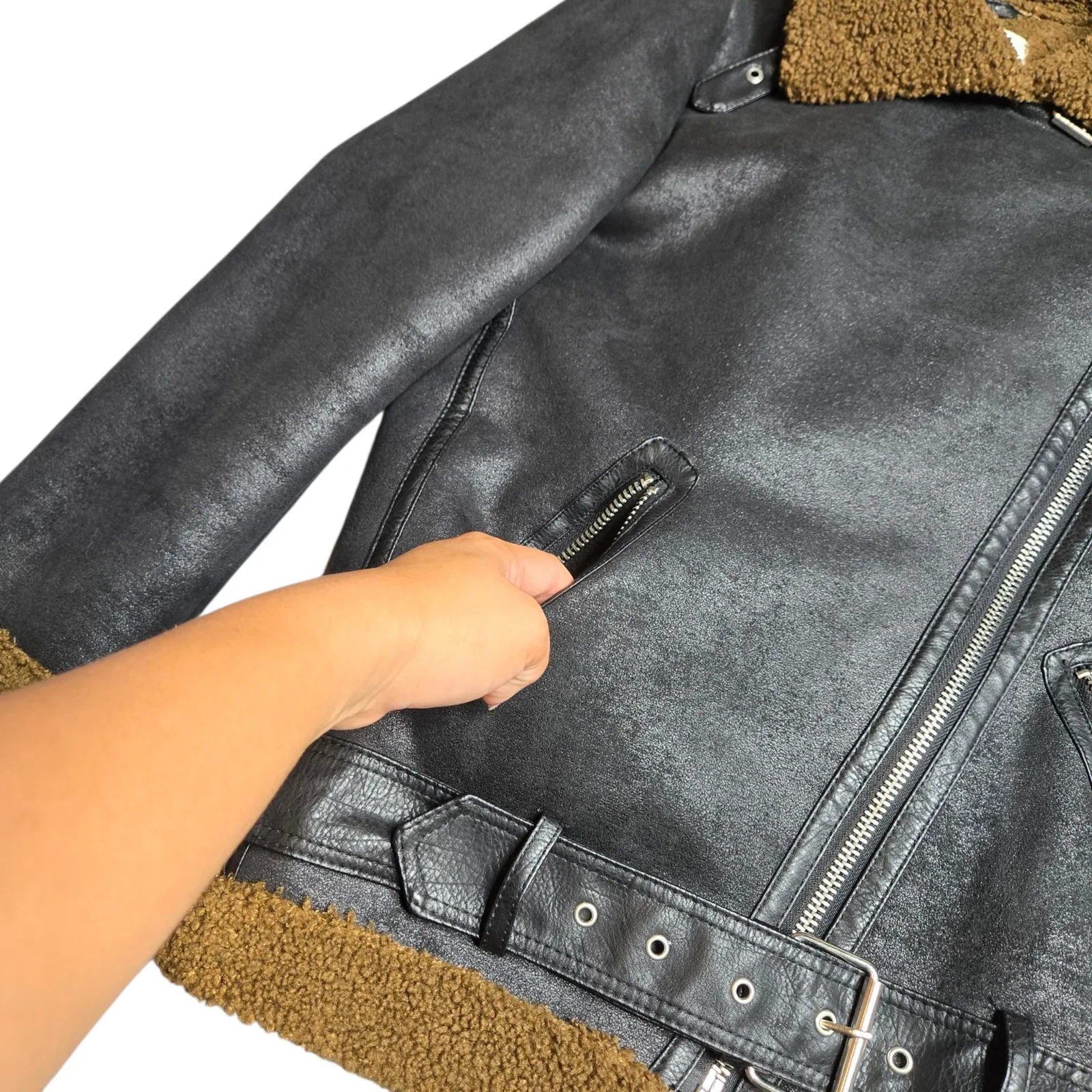 ZARA Woman Shearling Moto Black Jacket Size: XS - Image 3