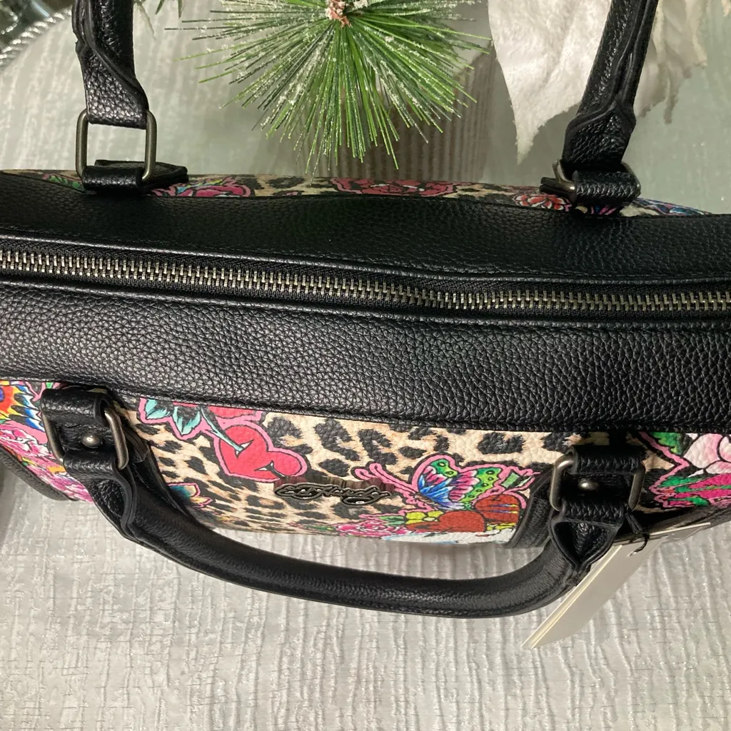 Ed Hardy Barrel Satchel Handbag Leopard Tattoo Floral Skull Print NWT - Image 5
