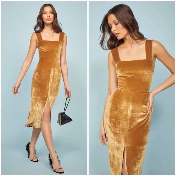 reformation gold velvet dress Reformation Rimini Velvet Dress In Gold