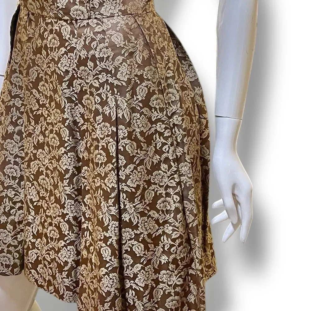 Vintage 60s Floral Brocade Brown Gold Asian Sleeveless Cocktail Dress Medium - Image 11