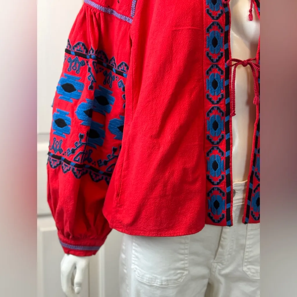 Free People Linen/Cotton Blend Vibrant Red Bohemian Jacket Blue Floral Accents L - Image 7