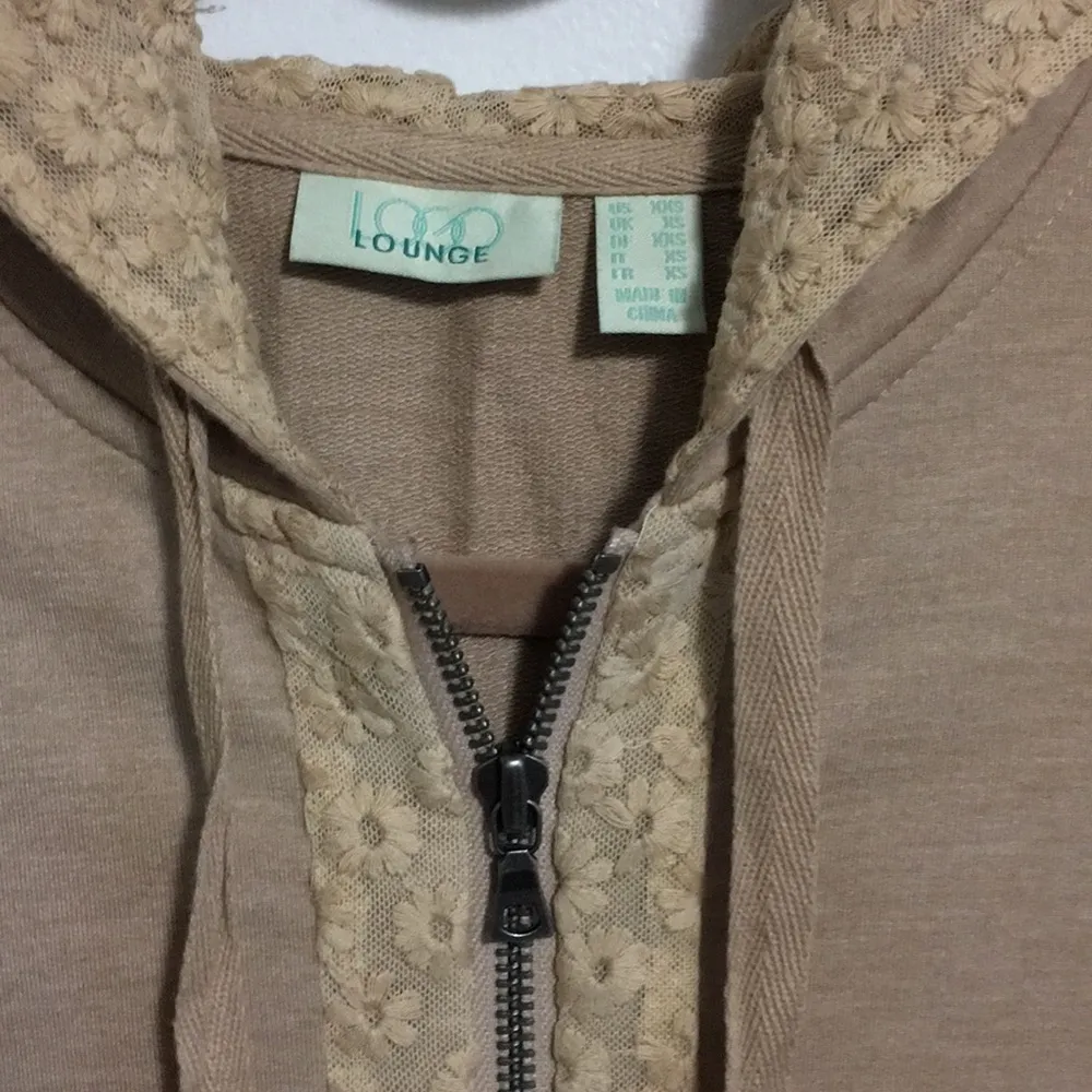 LOGO Lounge Zip Front Hoodie Lace Trim Beige Cream Size XXS - Image 4